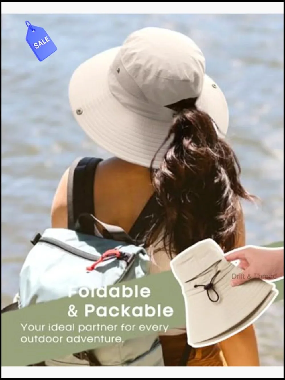 Wide Brim Sun Hat with Ponytail Hole UPF 50+ Foldable Bucket Hat for Hiking